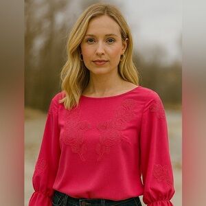 NWOT Tristan Blouse Ruffle Cuff Embroidered Floral Rosettes Barbie Pink S M​​​​​